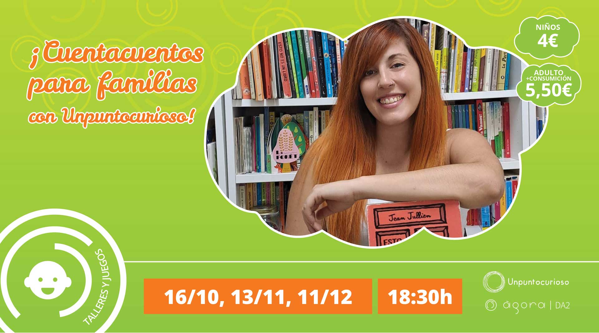cartel talleres infantiles, CUENTACUENTOS PARA FAMILIAS con Unpuntocurioso