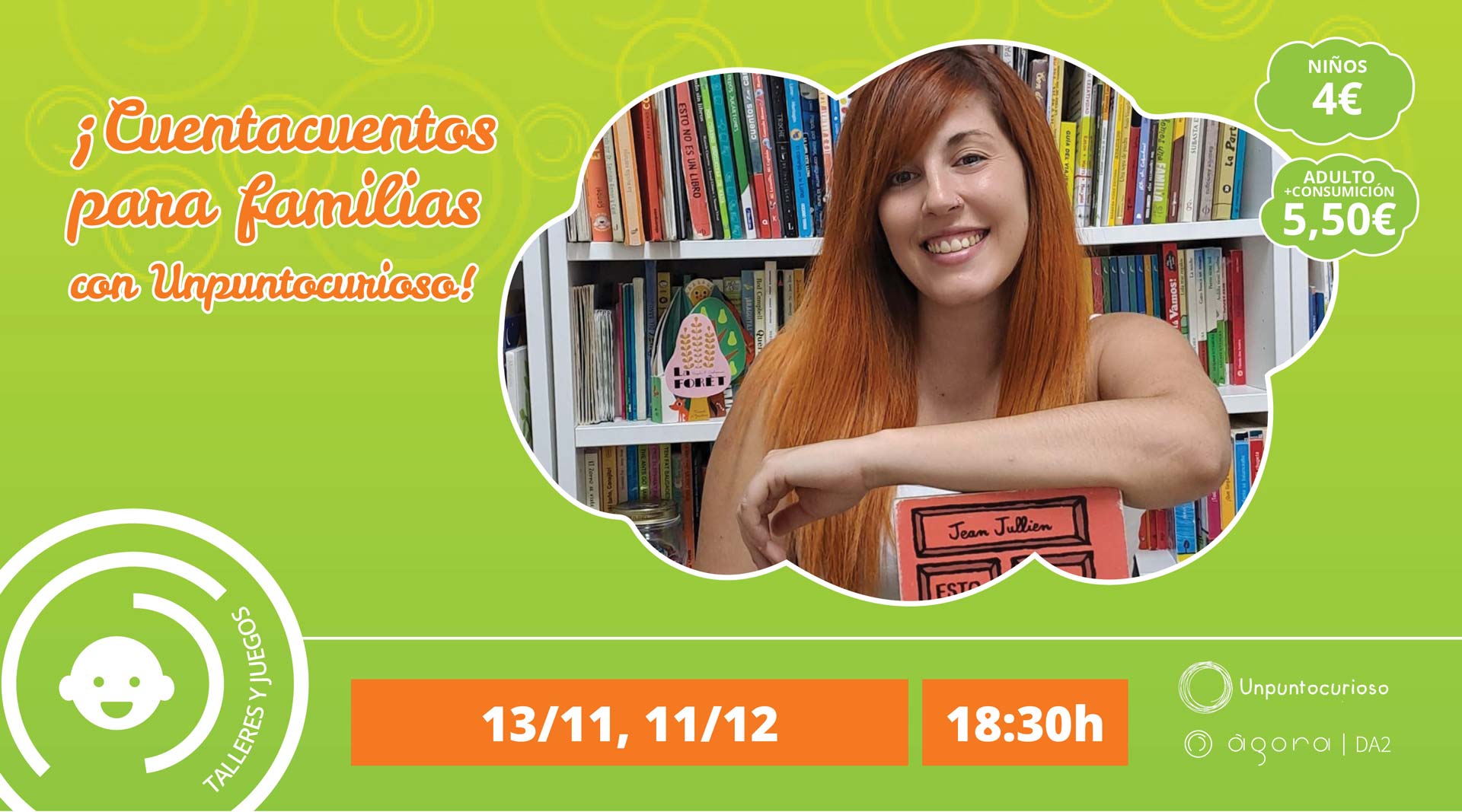 cartel talleres infantiles, CUENTACUENTOS PARA FAMILIAS con Unpuntocurioso