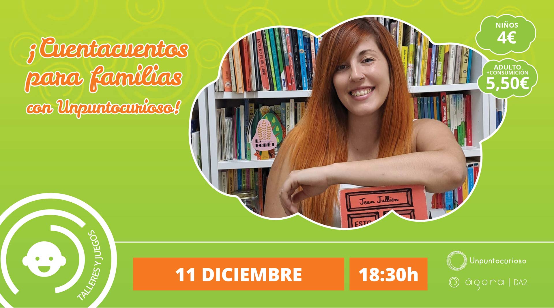 cartel talleres infantiles, CUENTACUENTOS PARA FAMILIAS con Unpuntocurioso