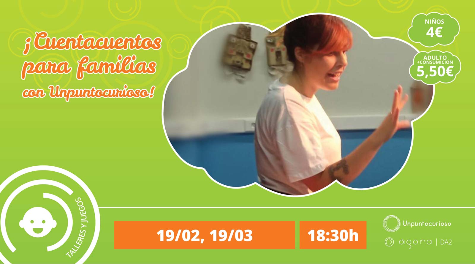 cartel talleres infantiles, CUENTACUENTOS PARA FAMILIAS con Unpuntocurioso