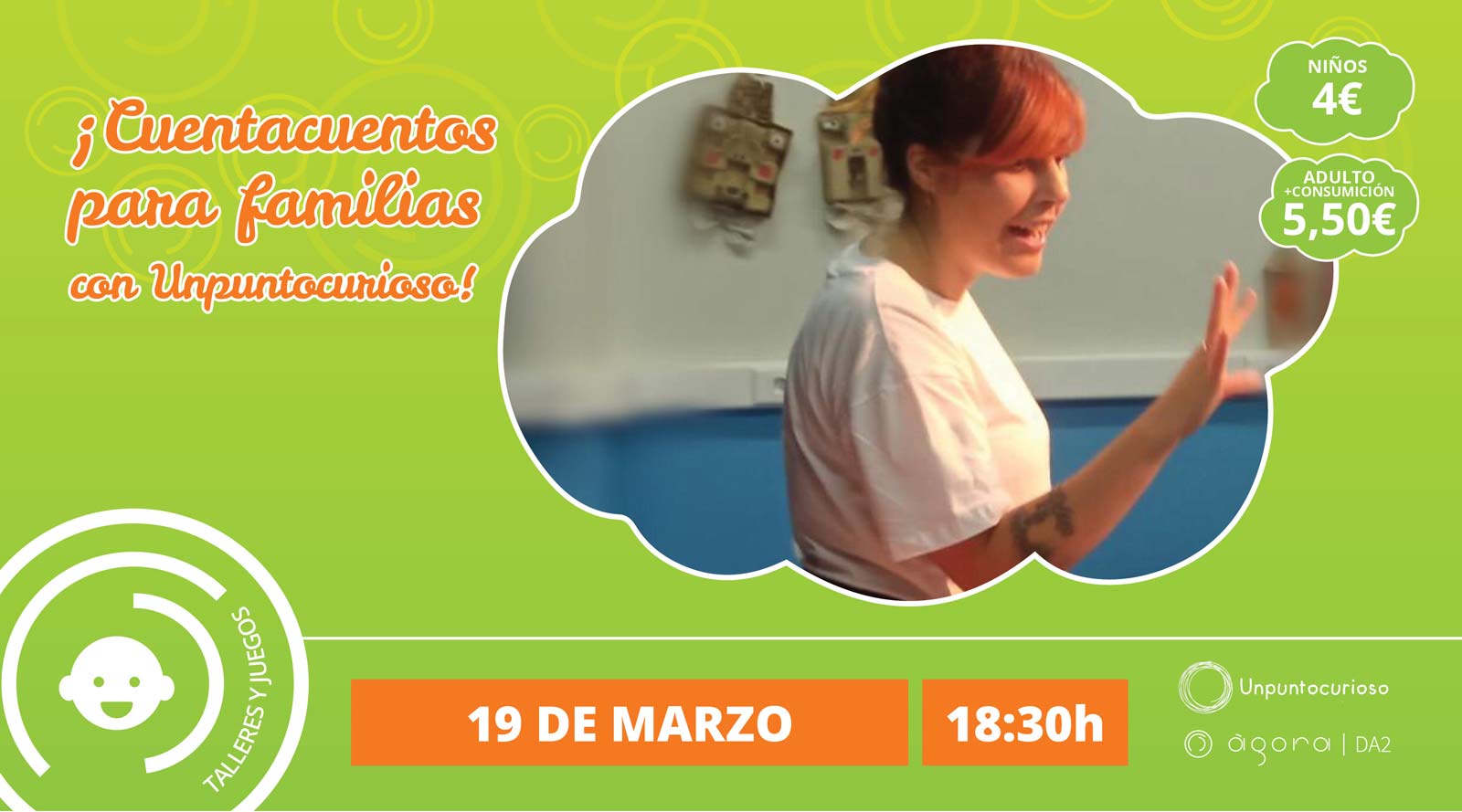 cartel talleres infantiles, CUENTACUENTOS PARA FAMILIAS con Unpuntocurioso
