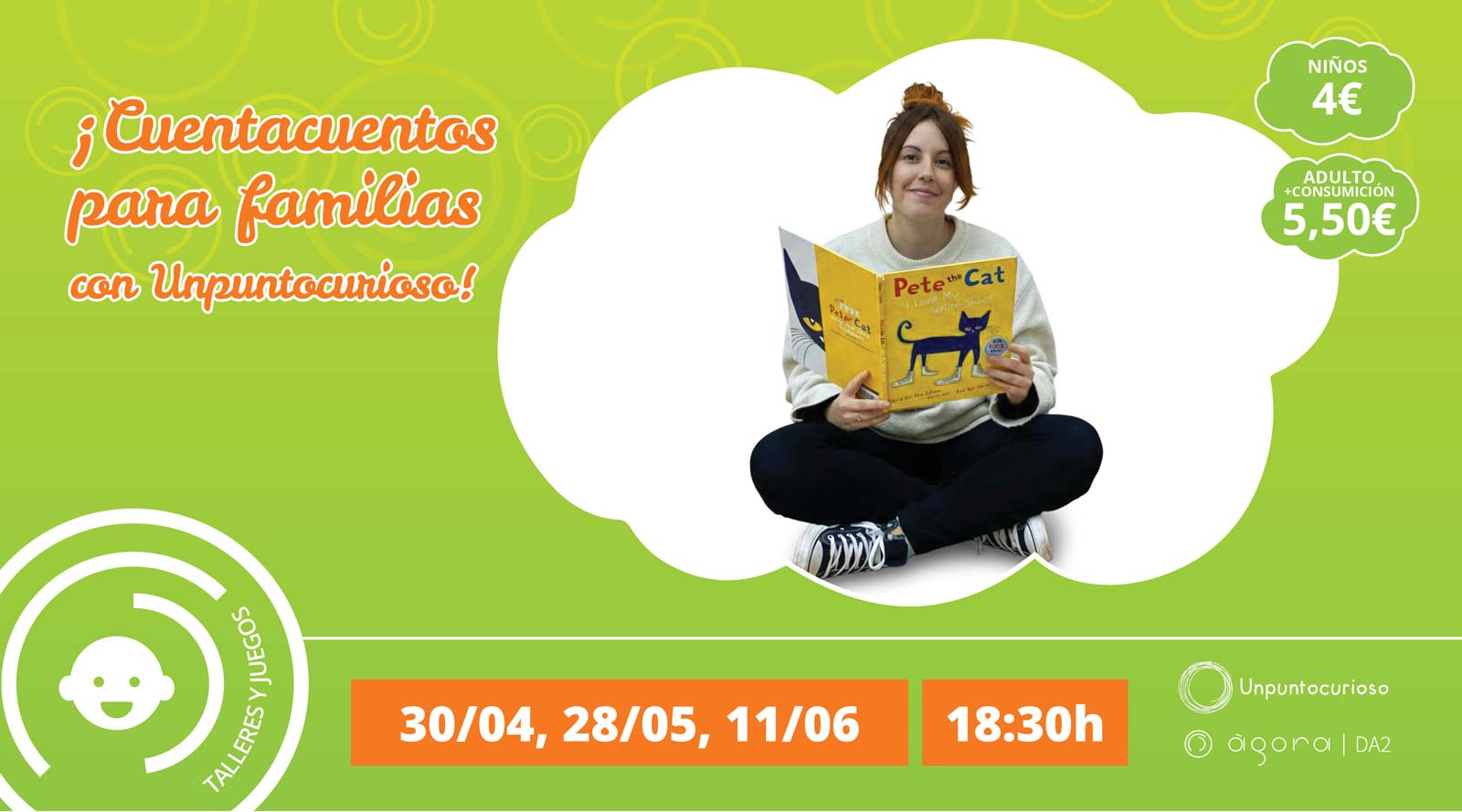 cartel talleres infantiles, CUENTACUENTOS PARA FAMILIAS con Unpuntocurioso