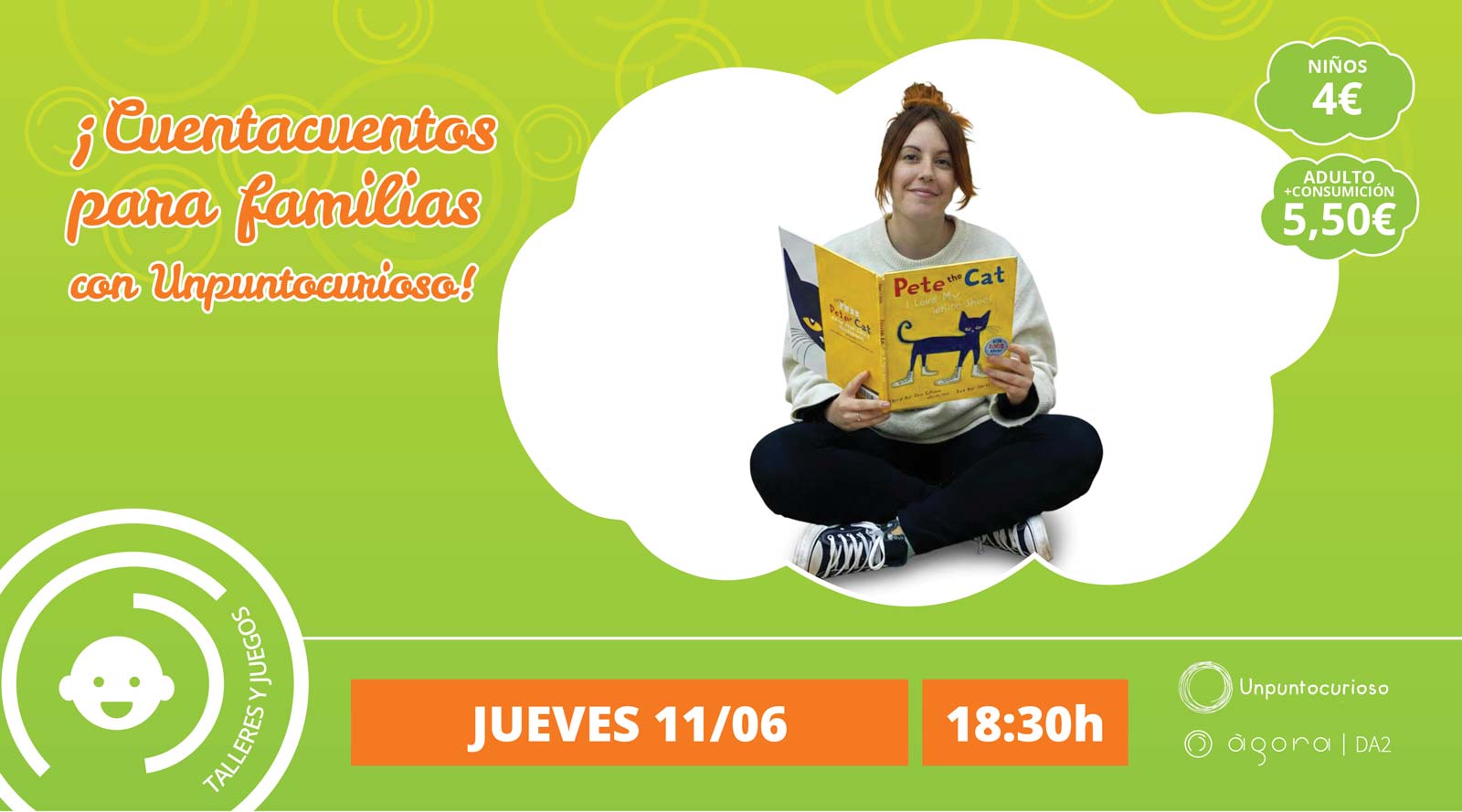 cartel talleres infantiles, CUENTACUENTOS PARA FAMILIAS con Unpuntocurioso