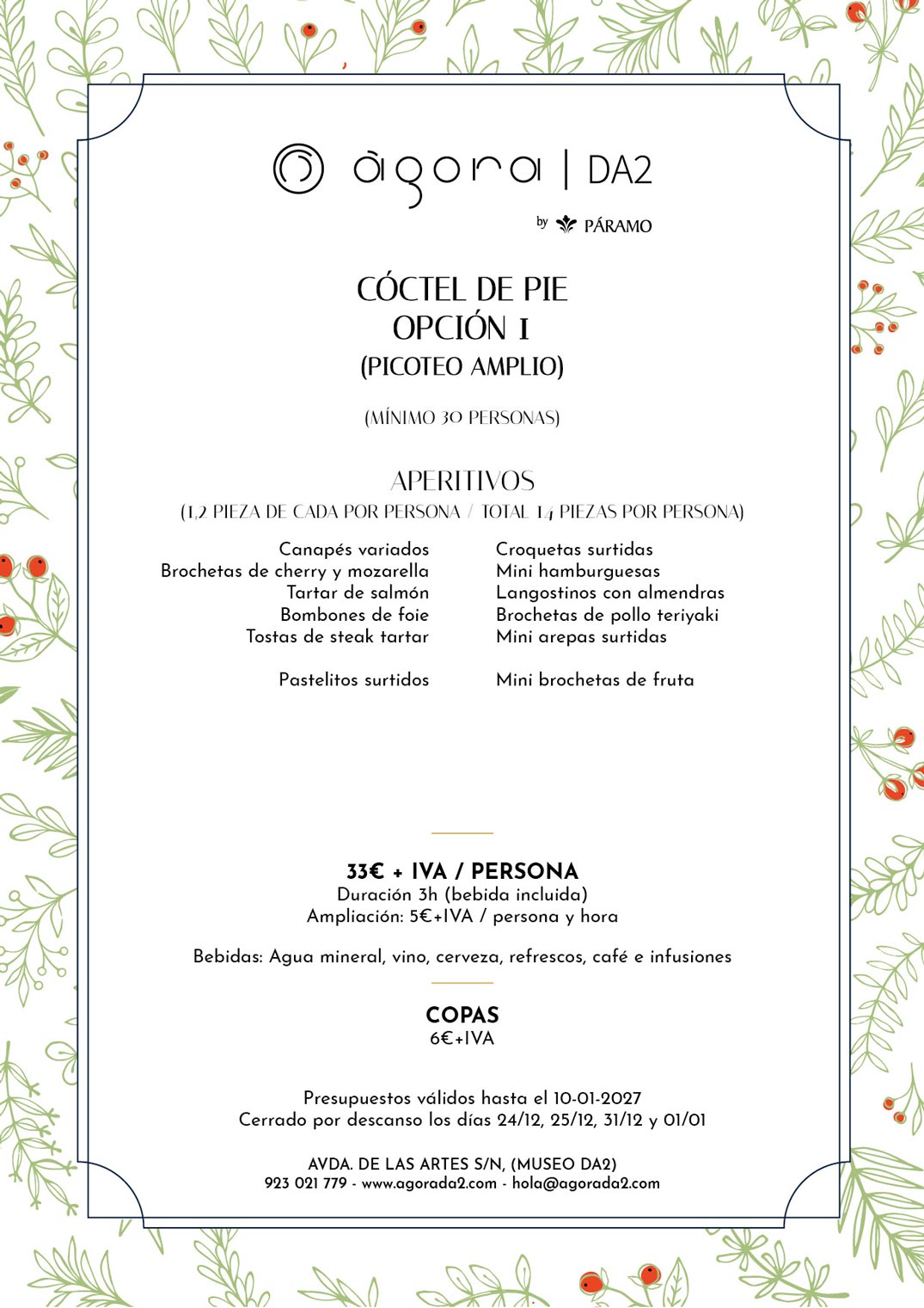menu navidad para grupos en salamanca, AgoraDA2, coctel Navidad 2026-2027, opción 1