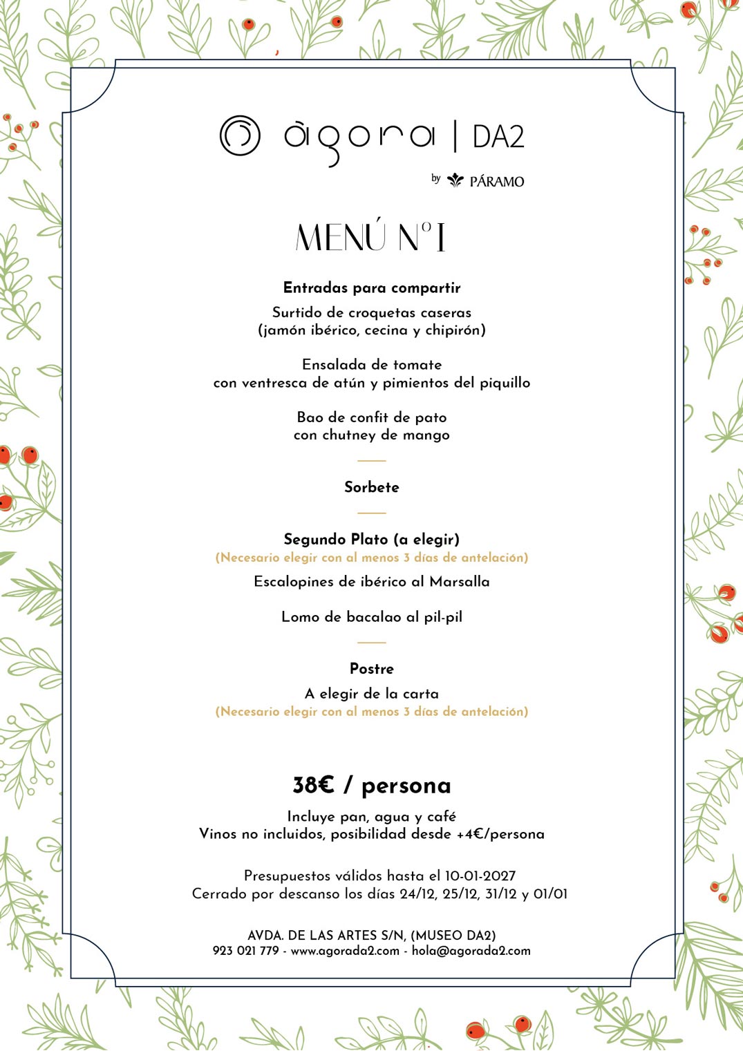 menu navidad para grupos en salamanca, AgoraDA2 en mesa Navidad 2026-2027, opción 1