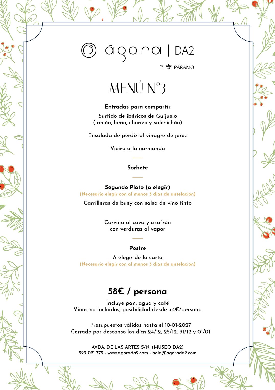menu navidad para grupos en salamanca, AgoraDA2 en mesa Navidad 2026-2027, opción 3